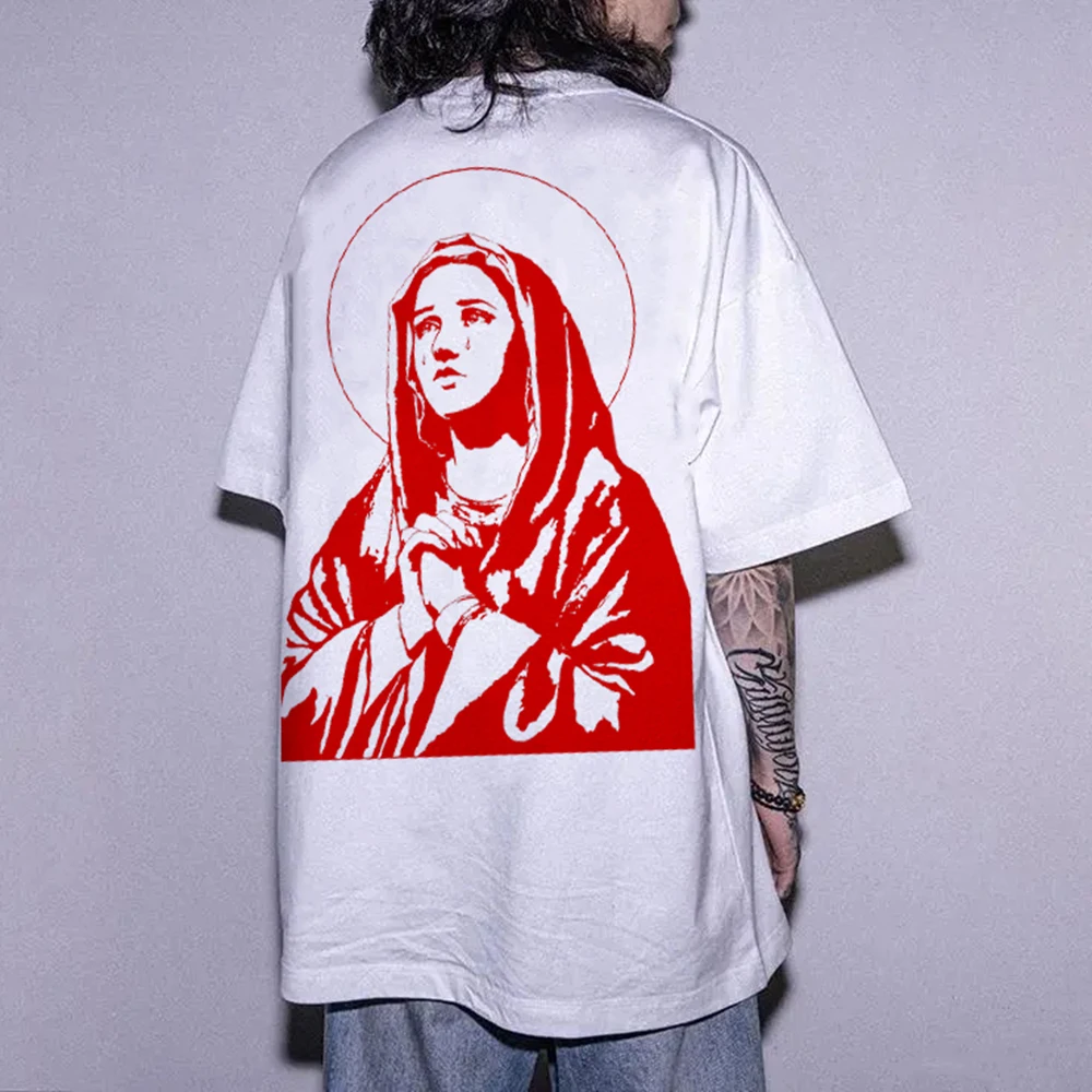 2024 Spring And Summer New Style Mens Casual T-Shirt Virgin Mary Pattern Printed Punk West Coast Y2k Handsome Retro Tops