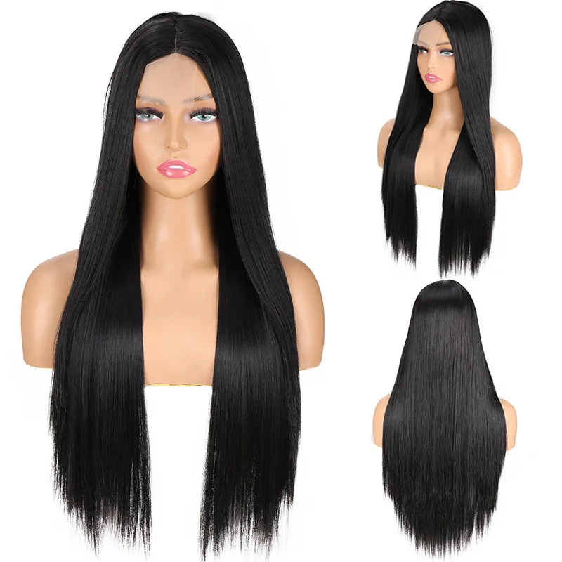 

A 28-Inch Black Long Straight Small Lace Synthetic Wig Is Naturally Suitable For Women'S Daily Parties And Halloween Cosplay
