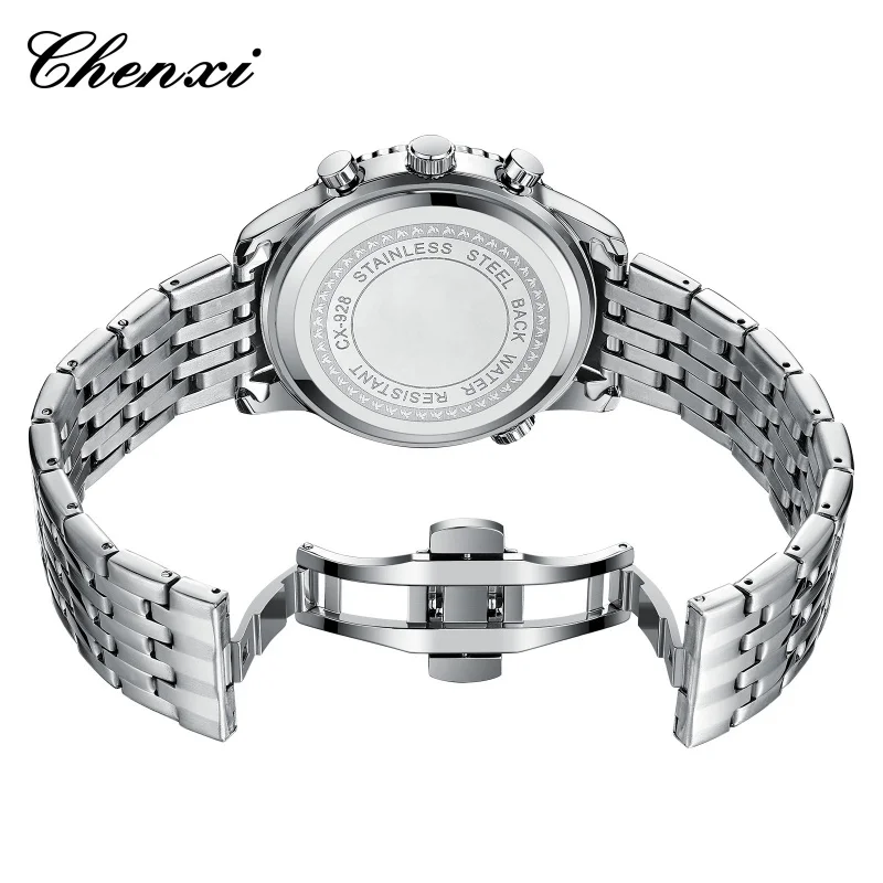 CHENXI 928 Jam Tangan Kuarsa Olahraga Pria Jam Tangan Chronograph Kalender Fase Bulan Multifungsi Jam Tangan Modis Kedap Air Bercahaya untuk Pria