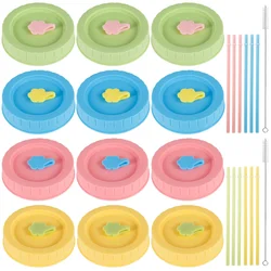 12Pcs Colorful Plastic Mason Jar Lids Set Fit for 70mm Wide Mouth Silicone Canning Jars Lids with Straw Hole Cleaning Brushes