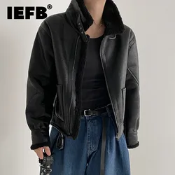 IEFB Trend Men's Faux Fur Standing Collar Motorcycle Leather Jacket Winter Korean Style Thickened Cotton Coat 2024 New 9C3183