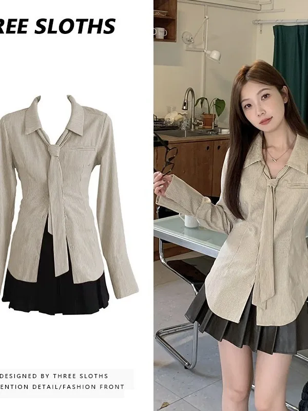 

Женская рубашка больших размеров с длинным рукавом, облегающая, в полоску, с отложным воротником, повседневная, модная, в корейском стиле, осенне-зимняя, из тонкого материала