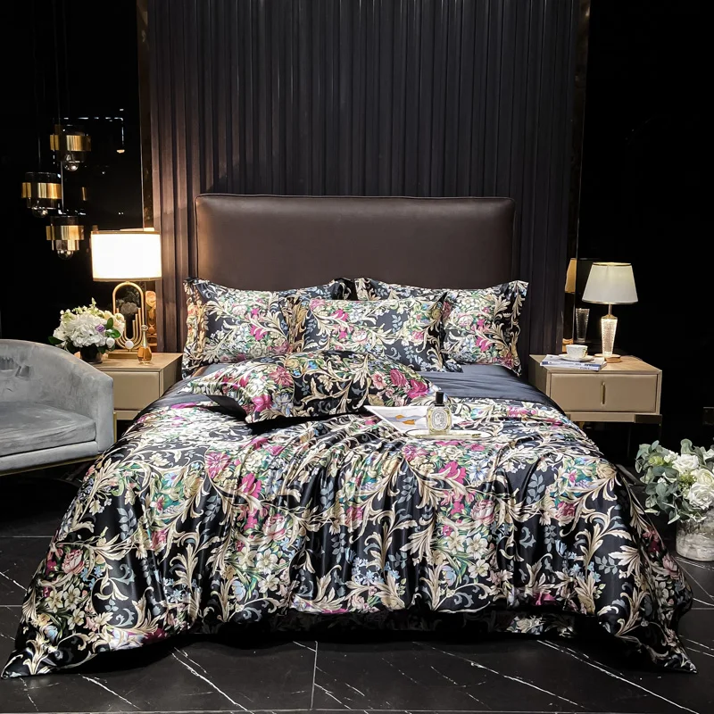 High-end Mulberry Silk Bedding Set Luxury Smooth Comforter Duvet Cover Fitted/Flat Sheet Pillowcase Fashion Full Queen King Size