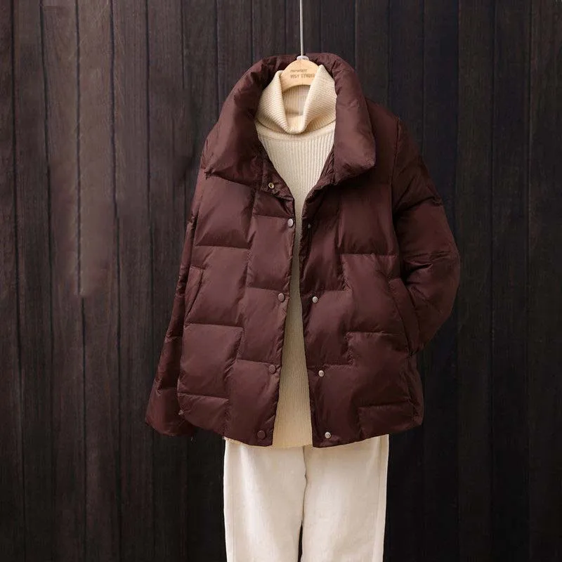 Casaco feminino de peito único, puffer casual, jaqueta solta, casacos monocromáticos, tops femininos, moda coreana, outono e inverno