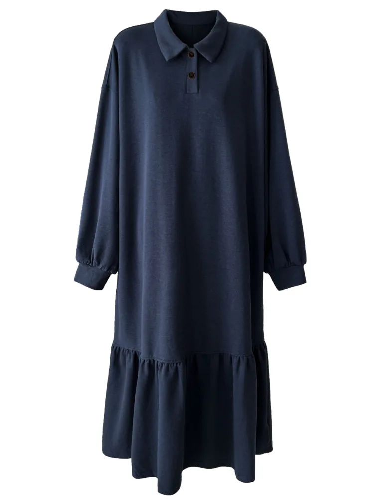 WHTREND Abito camicia lunga con volant patchwork con risvolto per donna Autunno Nuovi abiti moda vestibilità ampia WH1683