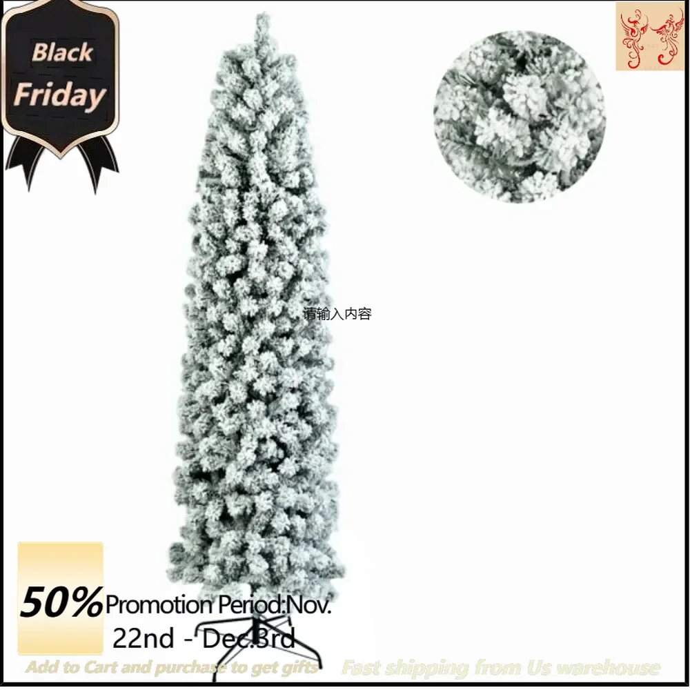 

7.5ft Green Flocking 350 Warm Clearance Light 641 Branches Pointed Pencil Shape Made of high quality PVC Christmas tree