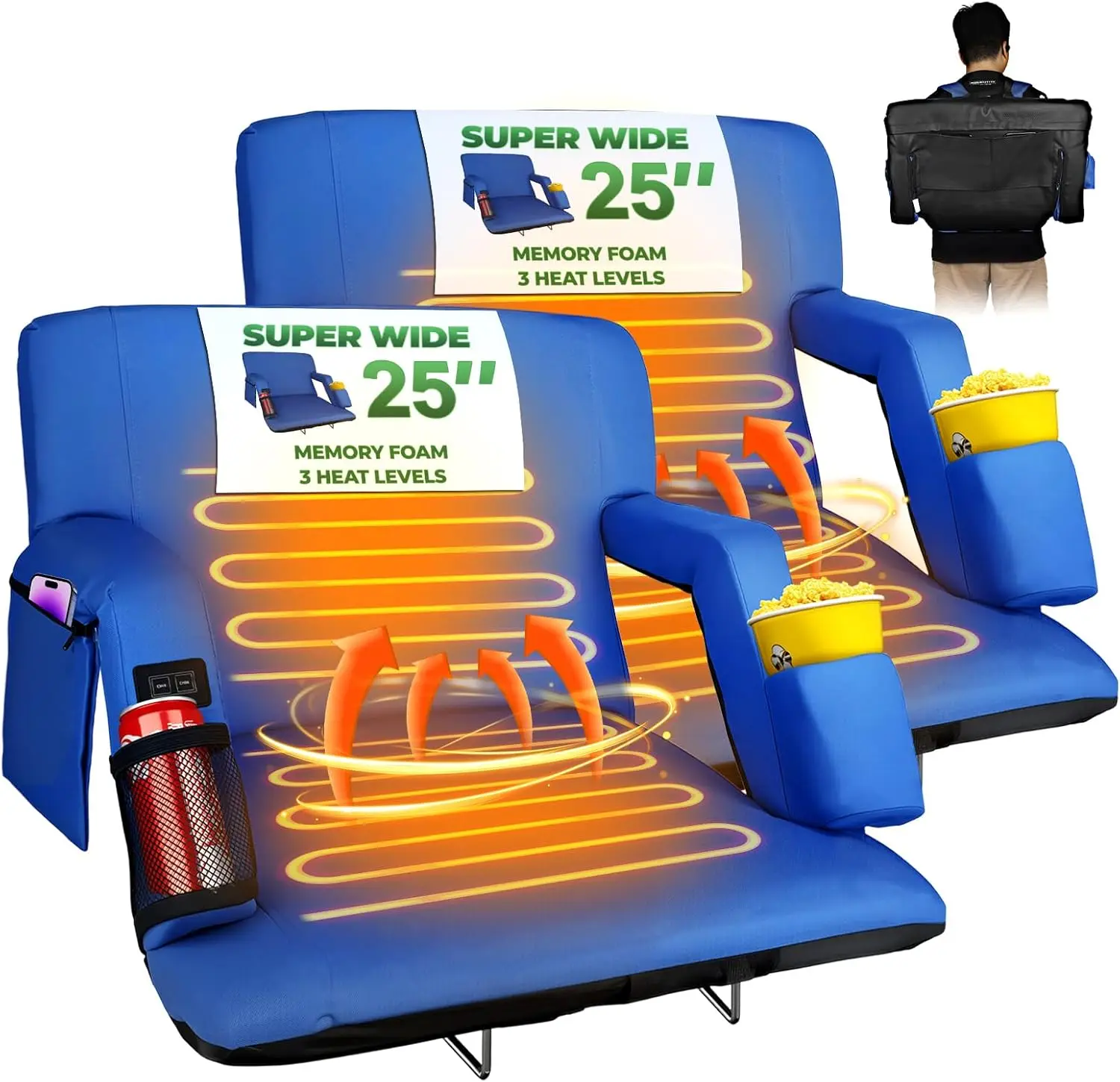 

25-футовое двухстороннее сиденье для стадиона с подогревом и поддержкой спины, 3-уровневое отопление, портативный складной стул для игр на открытом воздухе, 2 шт. синего цвета