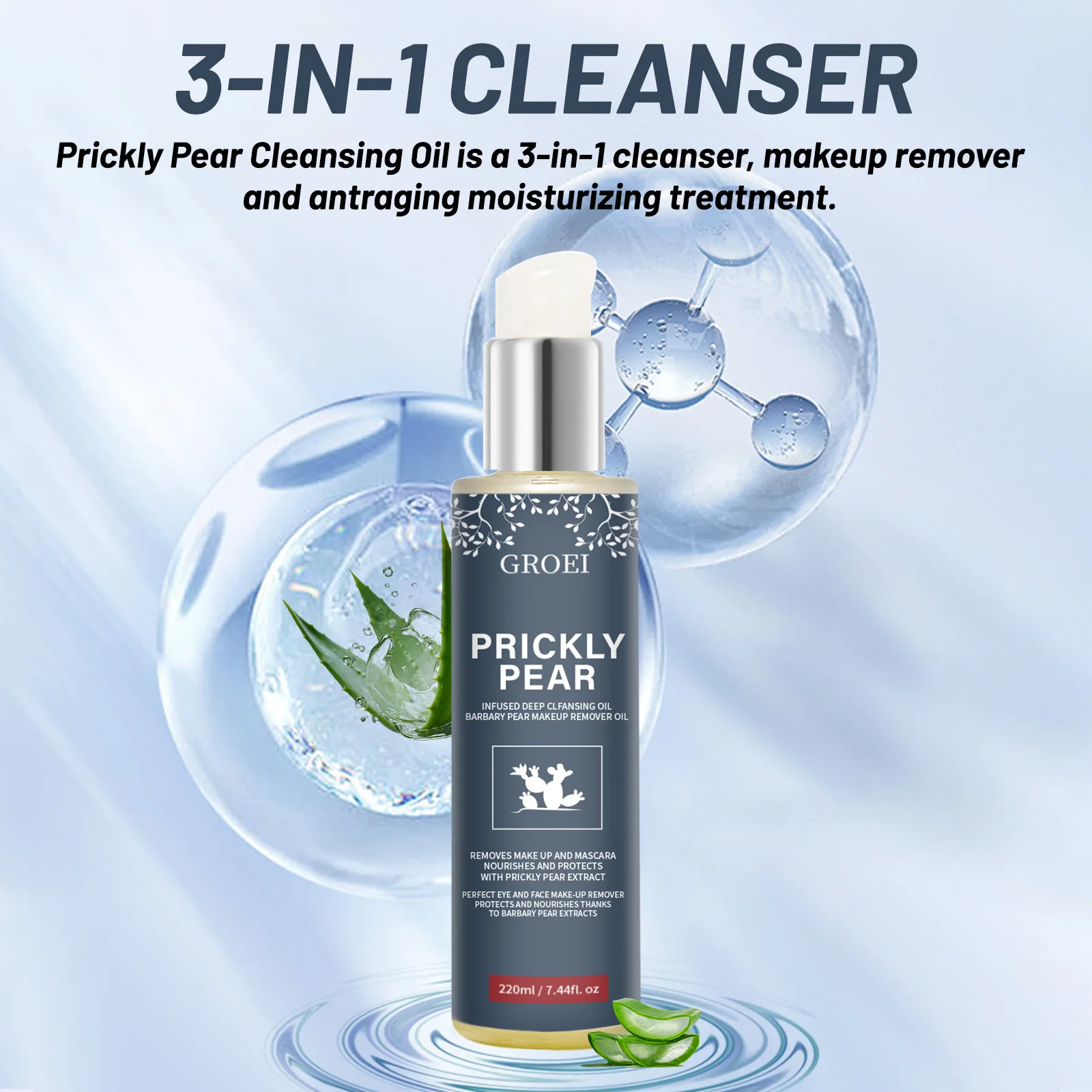 GROEI Cleansing Oil 220ml 3-in-1 Makeup Remover & Hydrating Treatment | For Eyes & Face | Vegan Formula