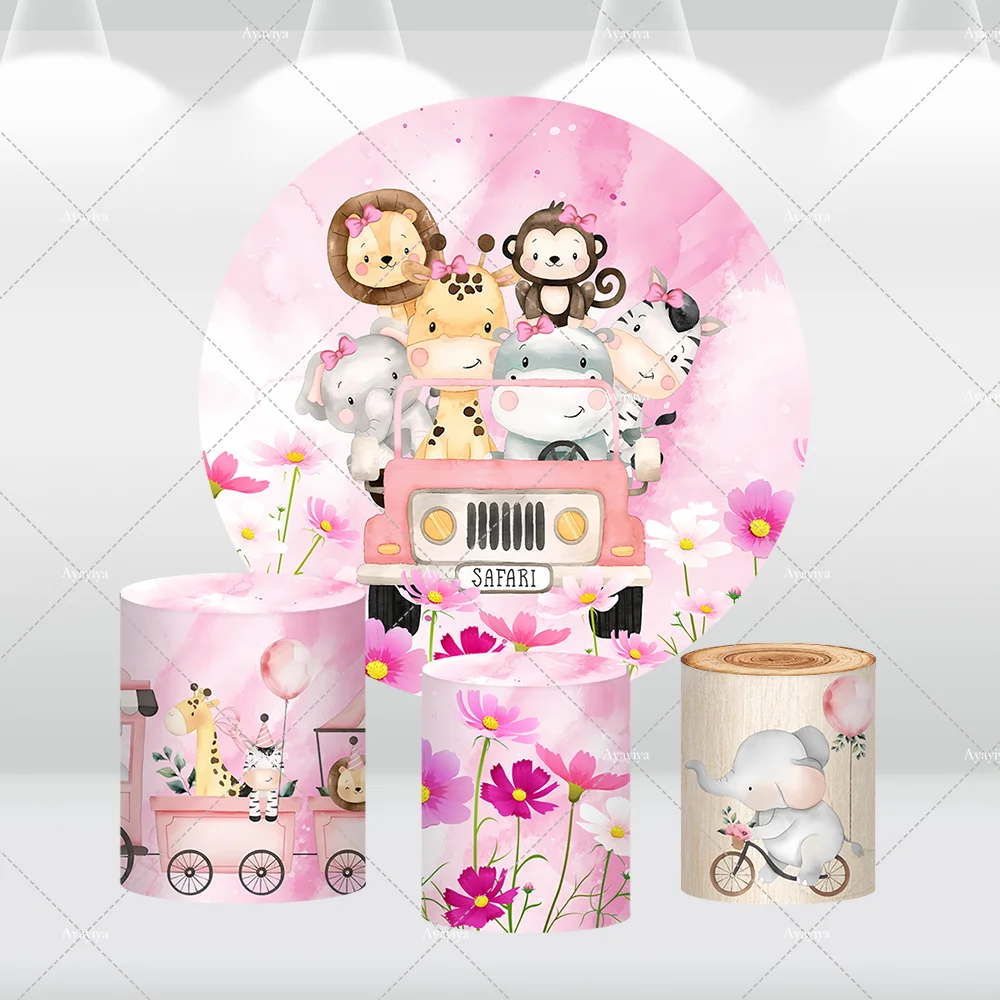 

Pink Safari Party Decoration for Girls Birthday Round Backdrop Covers Cartoon Animals Truck Newbon Baby Shower Circle Background