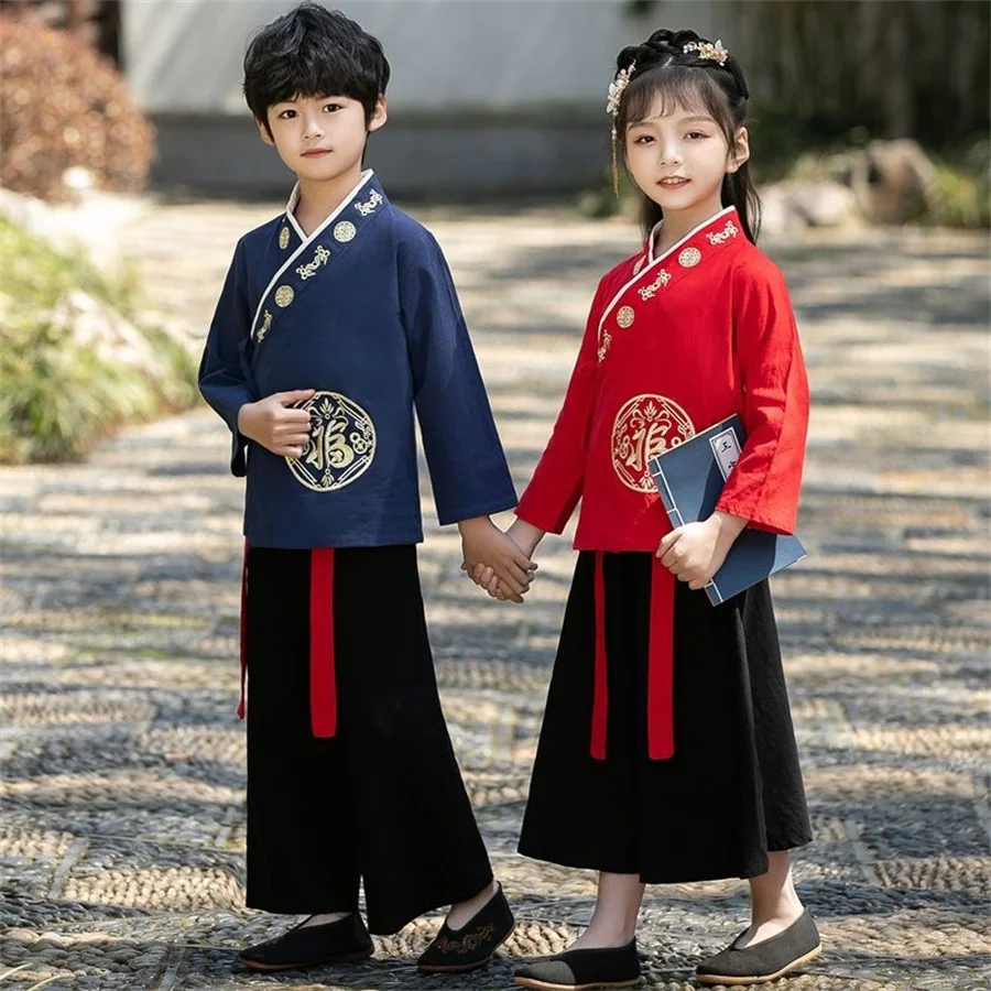 Hanfu traditionnel chinois pour garçons et filles, vêtements d'école, style prairie, performance pour enfants, étudiants, rouge, moderne