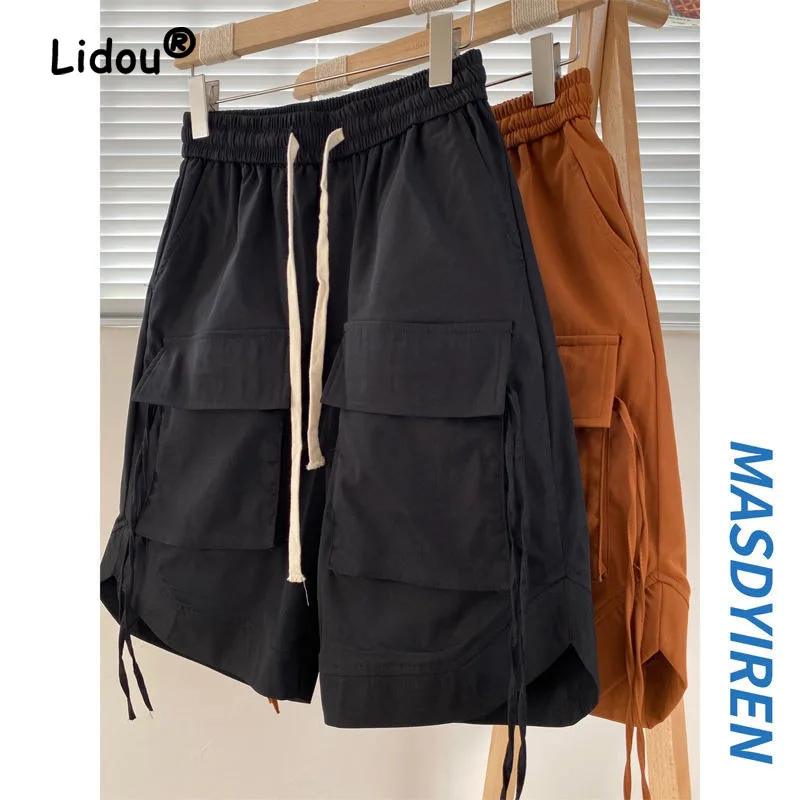 Pantalones cortos con bolsillos dobles para hombre, Shorts Cargo con cordón de cintura, holgados, informales, clásicos, combinan con todo, 2023