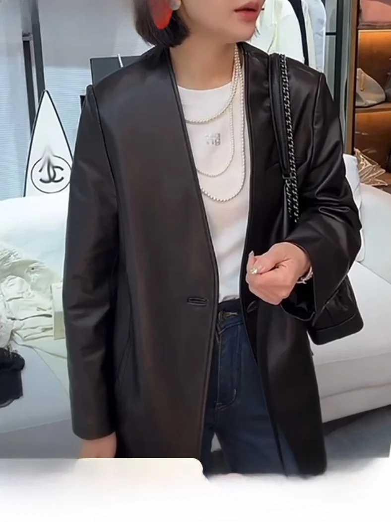 Moda couro real v-ne simples feminino comprimento médio eepskin casual jaet europeu sle casaco de couro de um botão