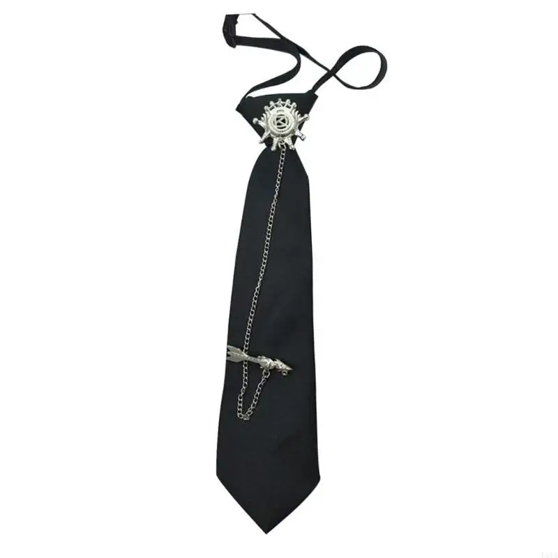 

L5YA Punk Aesthetic Adjustable Necktie For Daily Wear And Anime Outfits Student Uniform Pre Tied Black Neck Tie with Chain