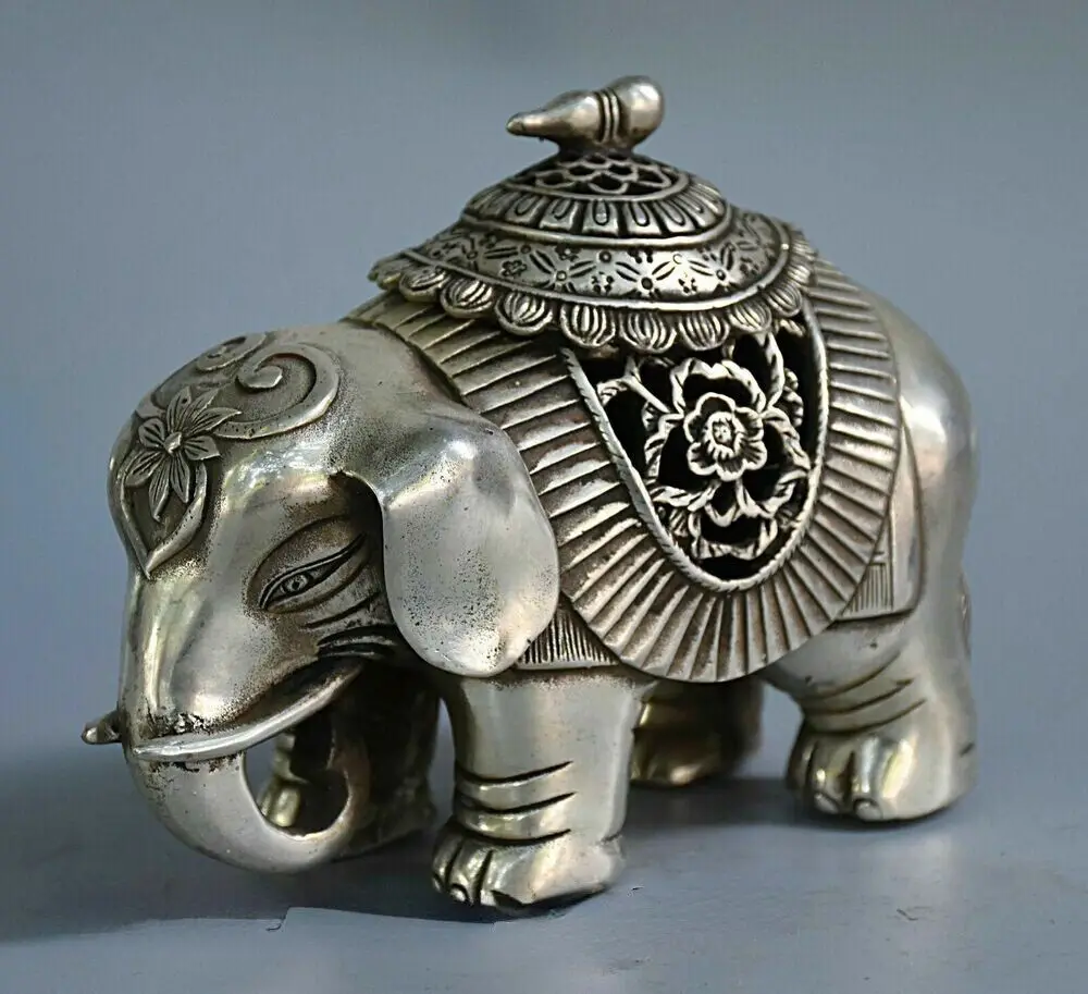 

Buddhism Temple Silver Auspicious Elephant Statue Incense Burner Censer Chinese