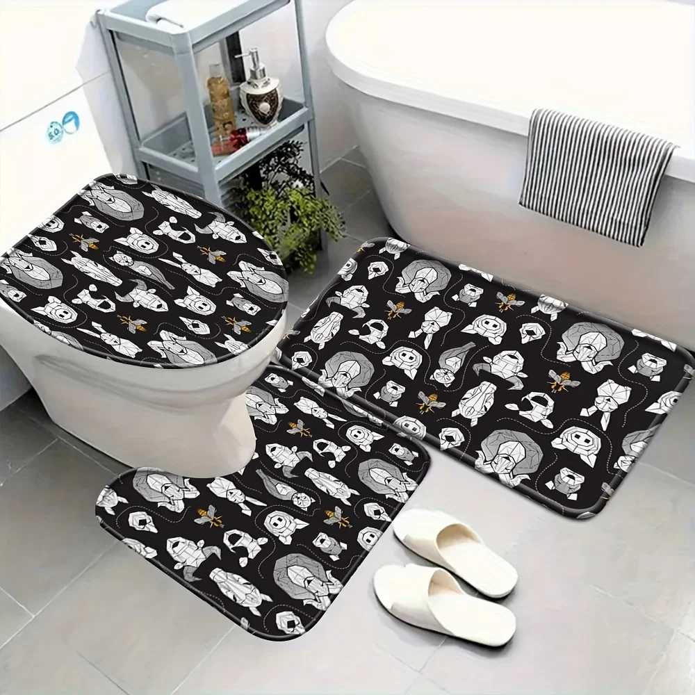 

3 Piece Bathroom Mat Set Toilet Seat Toilet Mat Bathtub Mat, Friendly Geometric Farm Animals Black Background Black