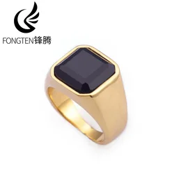 Fongten Curb Square Black Stone Ring Gold Silver Color Stainless Steel Big Punk Polished Finger Rings Couple Lover Wedding Rings
