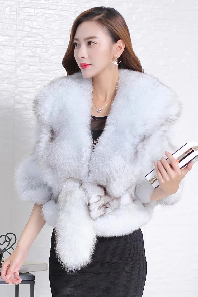 

2023 Hot Sales Warm Women Cardigan 100% Big Real Fox Fur Collar Cape Fashion Solid Poncho With medium Fur Sleeves Evening dress