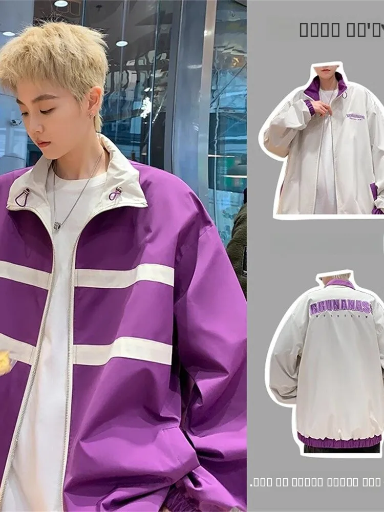 

Двусторонняя мужская куртка-бомбер оверсайз в американском уличном стиле для весны и осени, модный городской образ