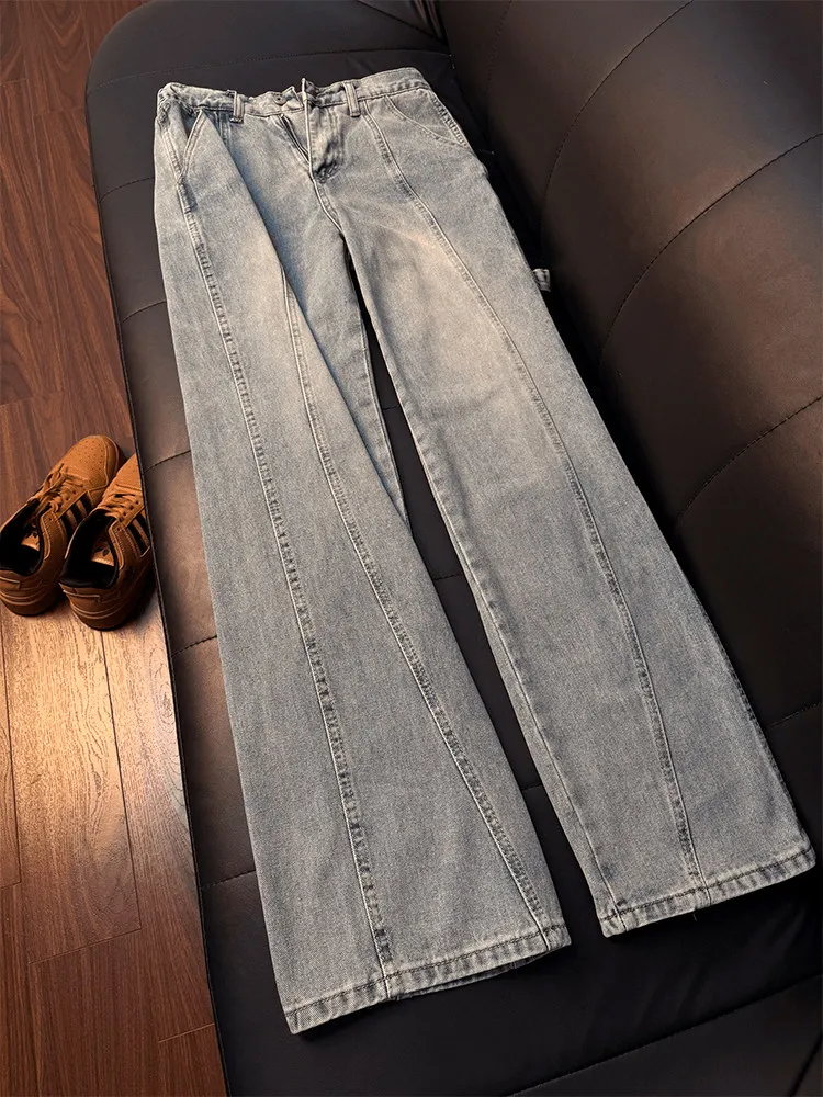 

American Retro Diagonal Cut Belted Jeans Men's High Street Vibe Pants Loose Fit Straight Leg Micro Flare Long Trousers