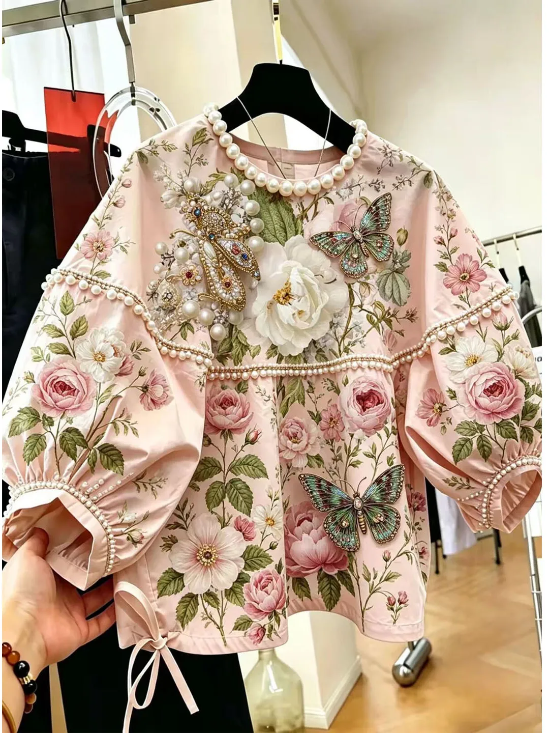 Elegant Summer 2026 Printed Beaded Shirt Women's Fashion Korean Style Loose Fit Short Sleeve Bubble Sleeve round Neck Top