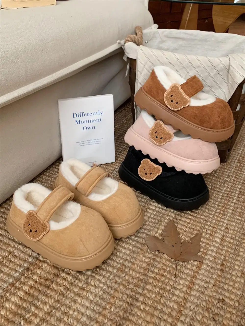 Women Cotton Shoes Indoor Household Plush Mary Jane Cotton Shoes For Autumn And Winter, Soft And Cute Little Bear Thick Soled