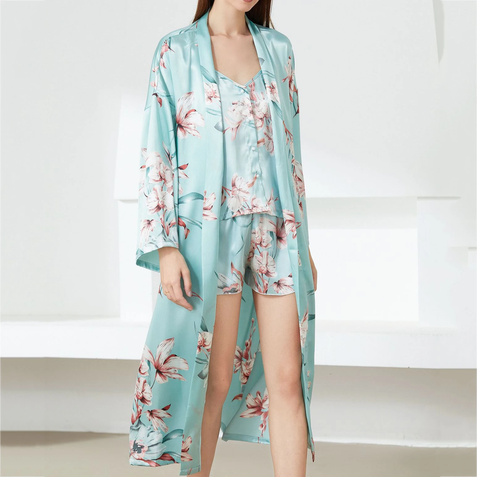 Camisón y bata con estampado de flores para mujer, ropa de dormir Sexy, Kimono de satén, bata de baño, lencería íntima, camisón sedoso