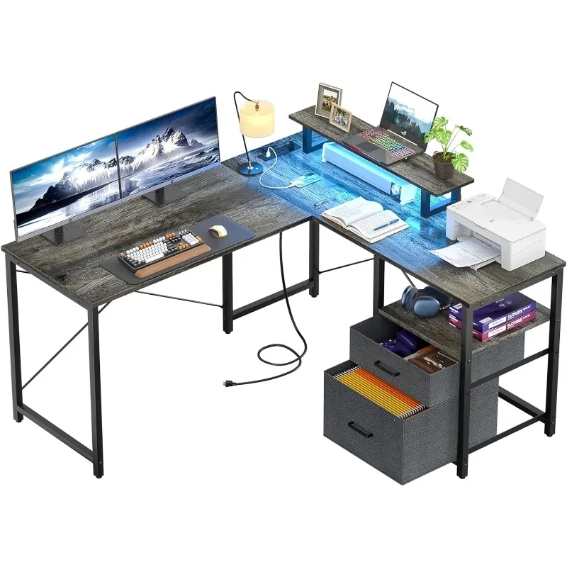 

L Shaped Computer Desk with Storage File Drawer, Reversible Home Office Desk with Recessed Power Strip and Led Strip,