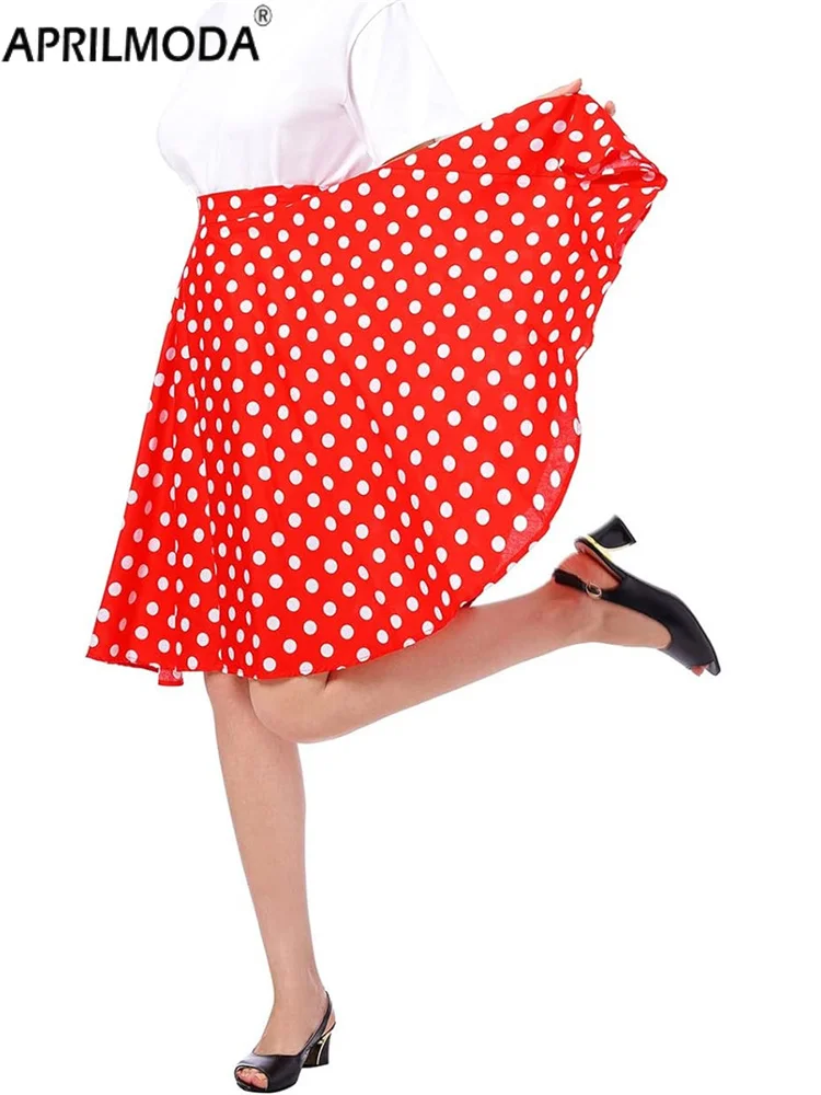 2024 Red A Line 1950s Style Summer Women's Skirts Polka Dot Print High Waist Tea Flare Runway Vintage Skirt