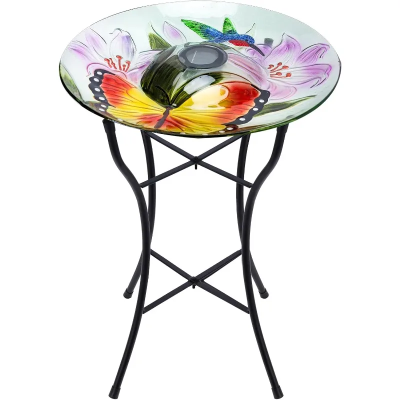 

Стеклянные ванночки для птиц на улице, 16-дюймовая ширина, уличная садовая миска для ванны для птиц-бабочек с колибри, солнечным светом и металлической подставкой