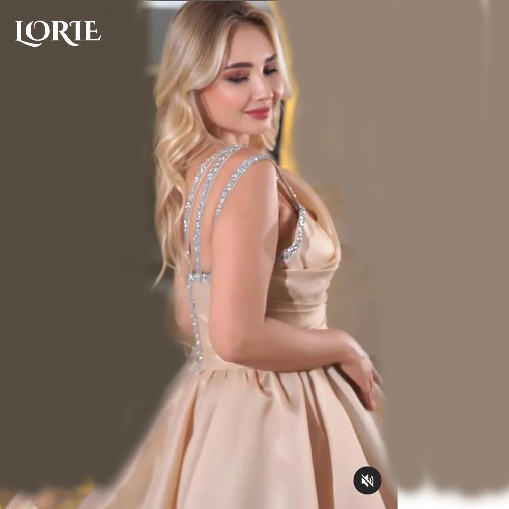 

LORIE Champagne Shiny Shoulder Evening Dresses A-line Pleats Arabia Prom Dresses V Neck Puff Sleeve Saudi Ball Gown Customized