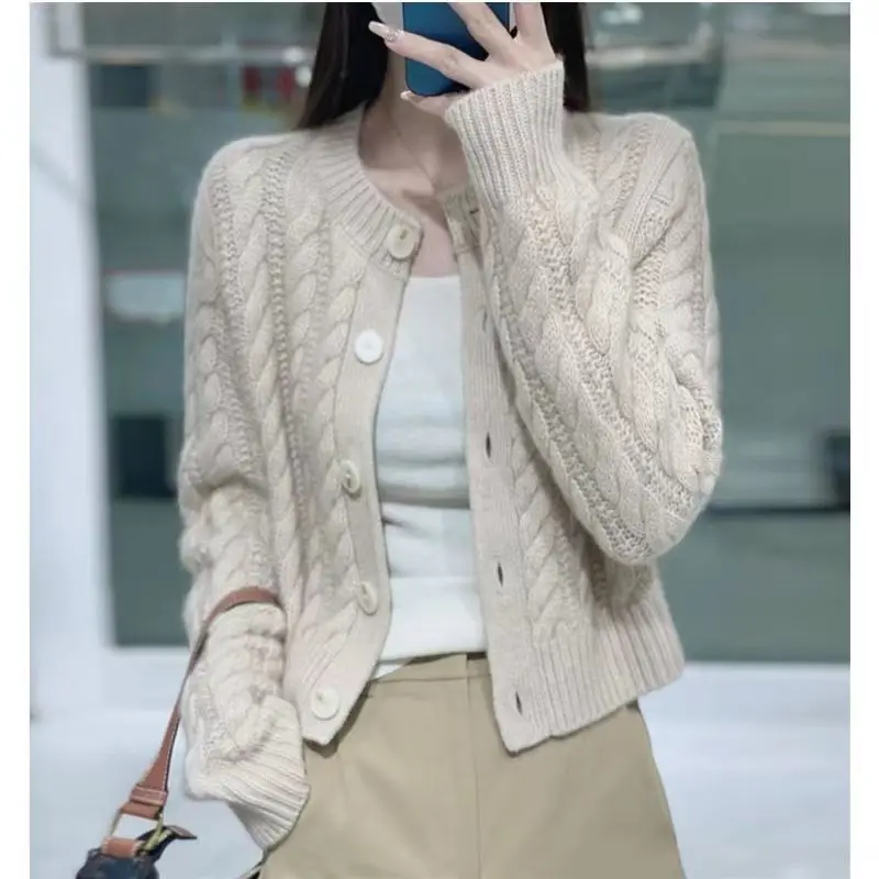 Women\'s Clothing Flattering Round Neck Solid Sweater Knitted Button Long Sleeve Cardigan Coats Autumn Winter Preppy Style Tops