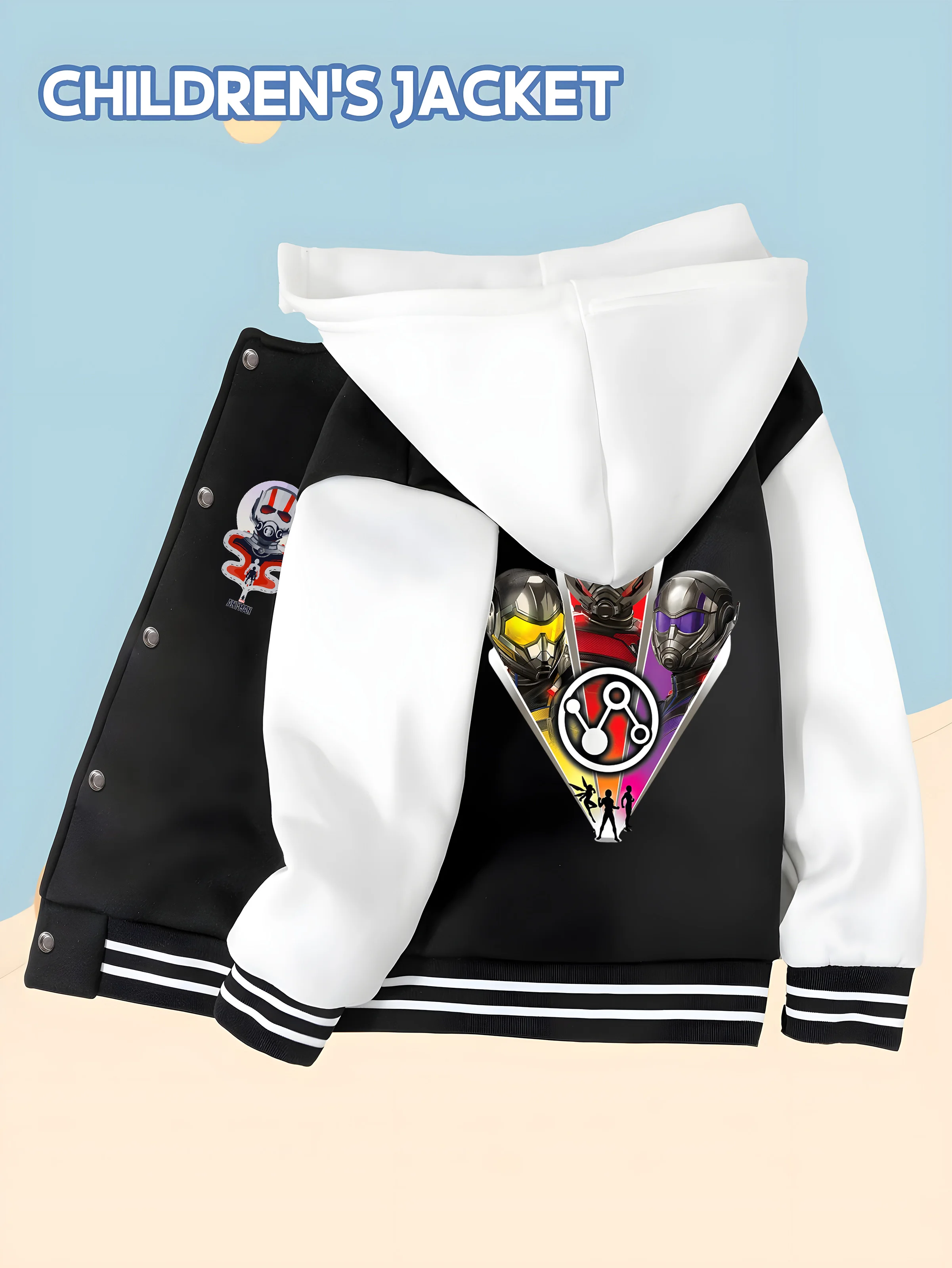 

MINISO Marvel Boys' Baseball Jacket - Ant-Man Team Print, Double-sided Pattern, Comfortable Fabric, Black and White, Fashionable