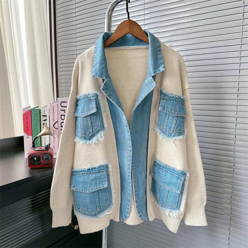 

Women Cardigan Jacket European Style Design Denim Splicing Sweater Autumn Winter New Denim Patchwork Loose Lazy Knitted Coat