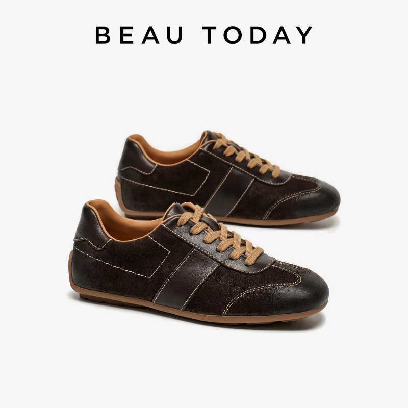 BEAUTODAY Vintage Sneakers Women Genuine Cow Leather Mixed Color Round Toe Casual Trainers Lace-Up Ladies Shoes Handmade 29954