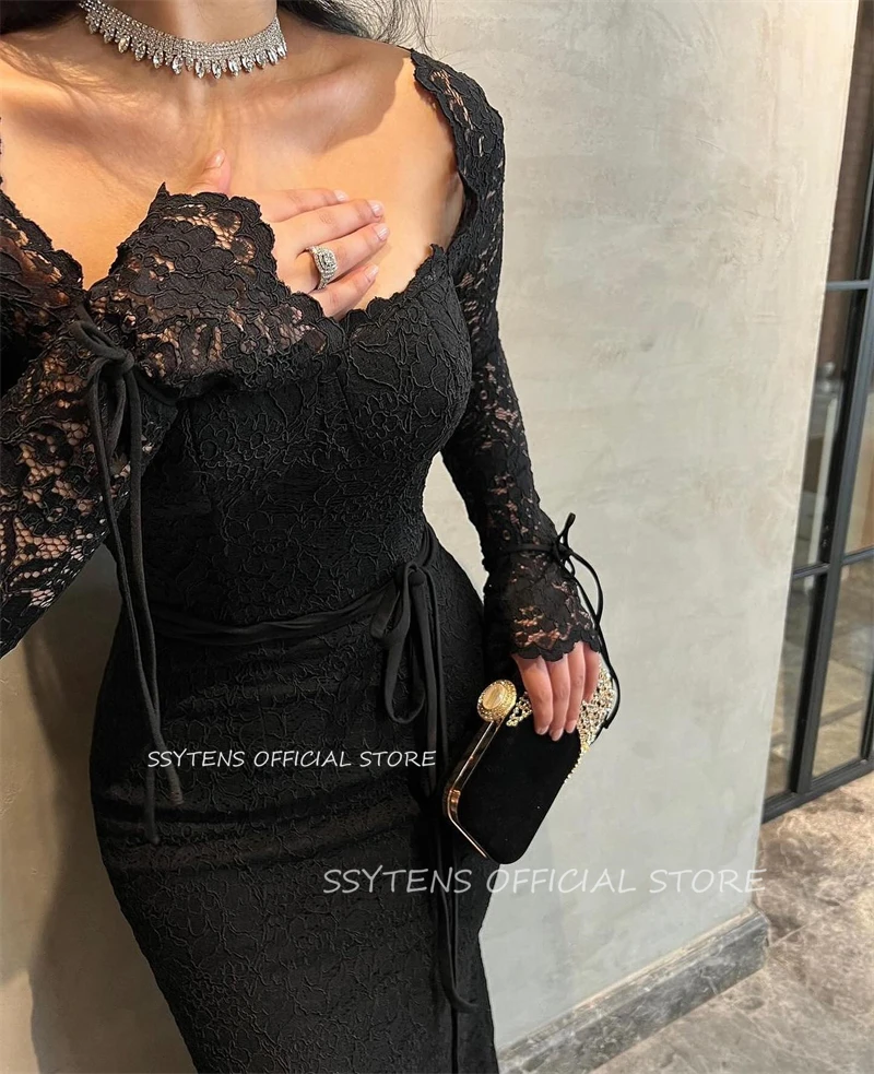 SSYTENS Black Lace Evening Party Dresses For Women Long Customized Saudi Off Shoulder Elegant Formal Gowns Vestidos De Gala