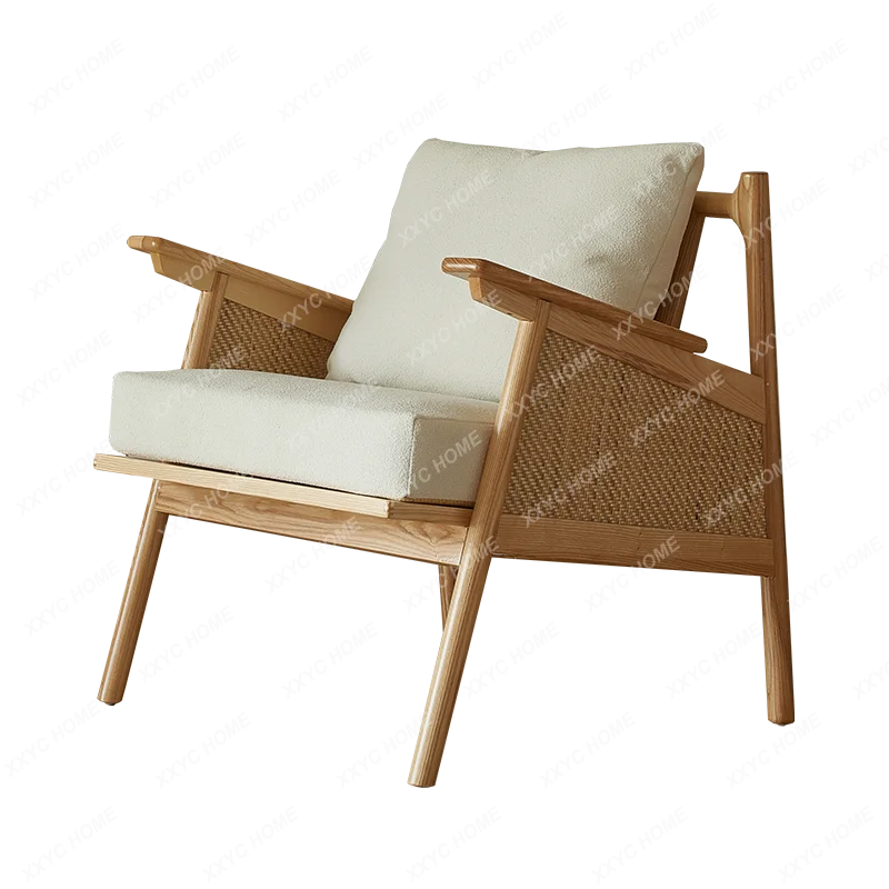 

Japanese-Style Single Sofa Chair Solid Wood Balcony Bedroom Leisure Log Chair Rattan Bed & Breakfast Tea Chair Backrest Light