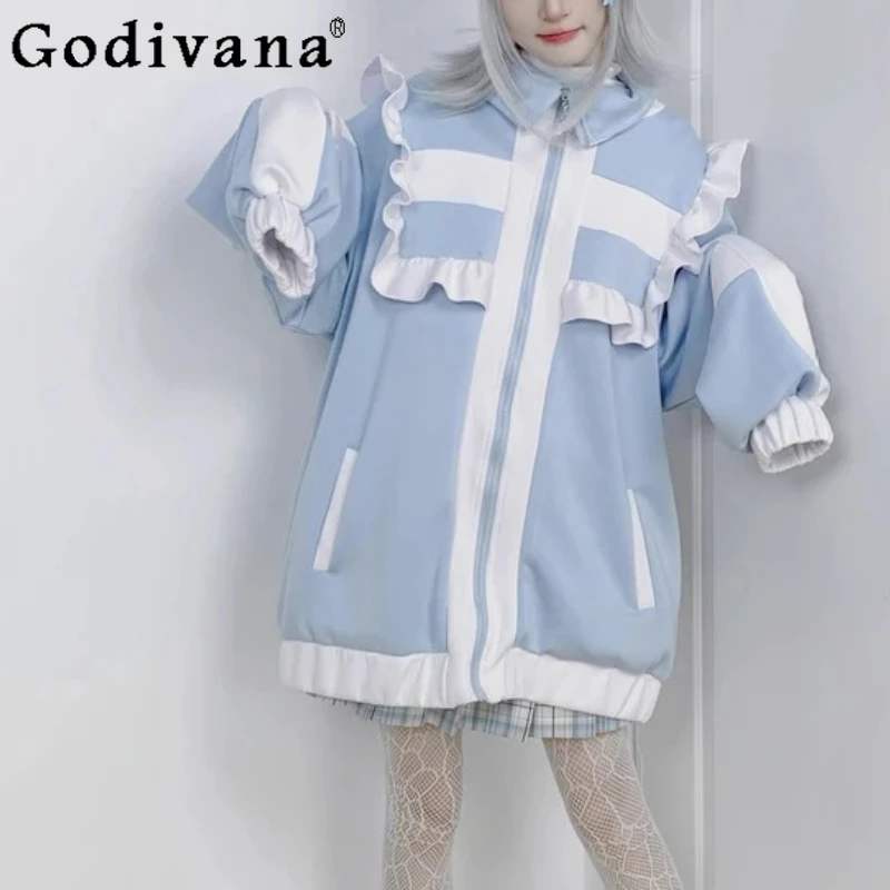 اليابانية الحلو الوقوف طوق طويلة الأكمام الحد من العمر سترة سترة فتاة الخريف الشتاء الكشكشة فضفاضة موضة جاكيت زيبرا #4