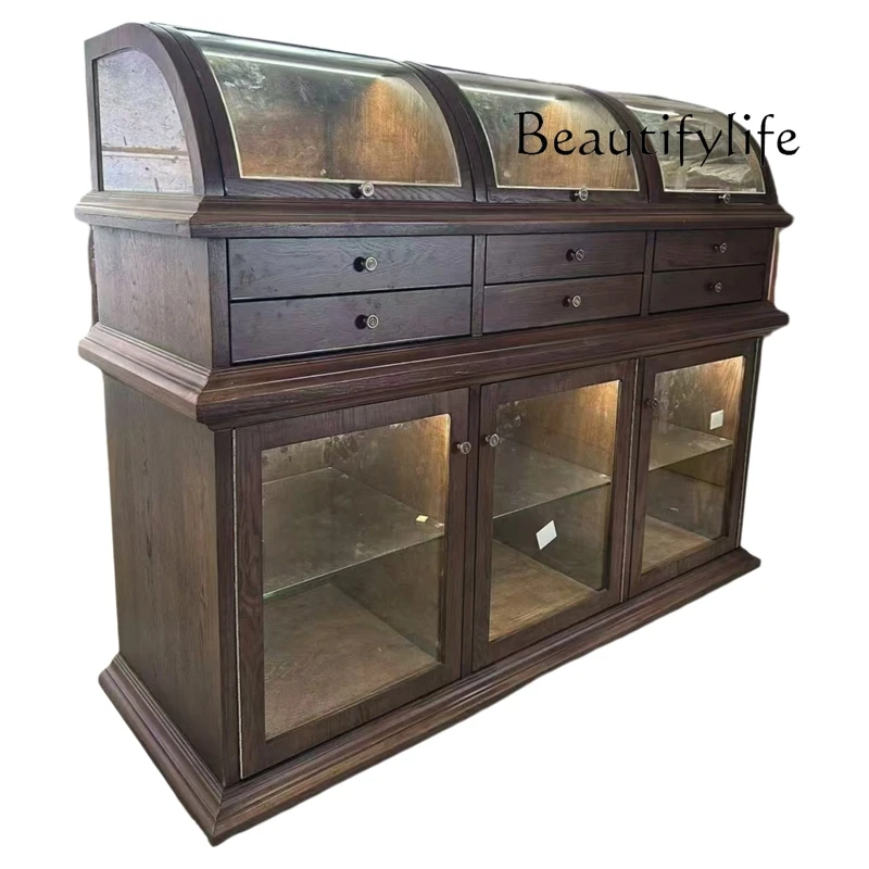 

American retro solid wood jewelry display cabinet transparent display jewelry curved glass storage