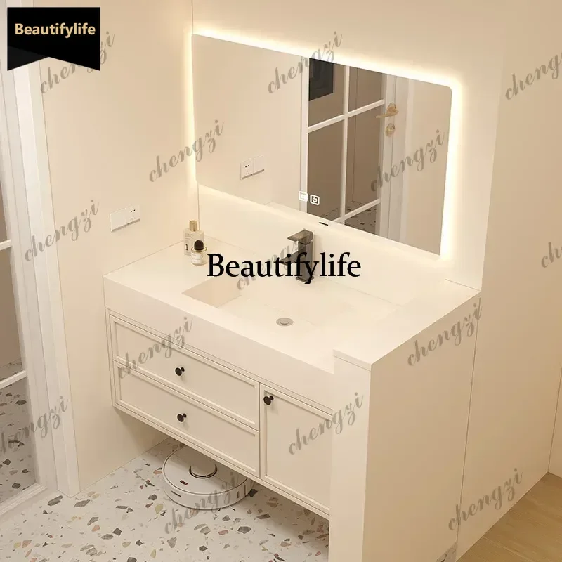 Slate ceramic seamless integrated basin rubber wood washbasin cream style bathroom cabinet combination b567