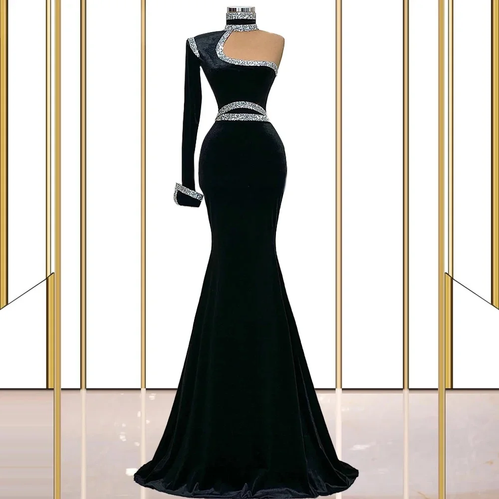 

Custom Made Women Black Formal Dress One Shoulder High Neck Beads Appliques Velet Mermaid Party Dress Floor-Length Evening Dress