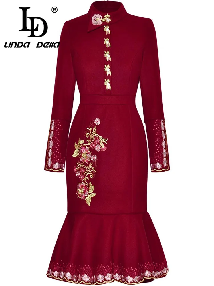 

LD LINDA DELLA Fashion Runway Autumn Winter Long Sleeve Dress Stand Collar Vintage Embroidery Slim Party Mermaid Dresses