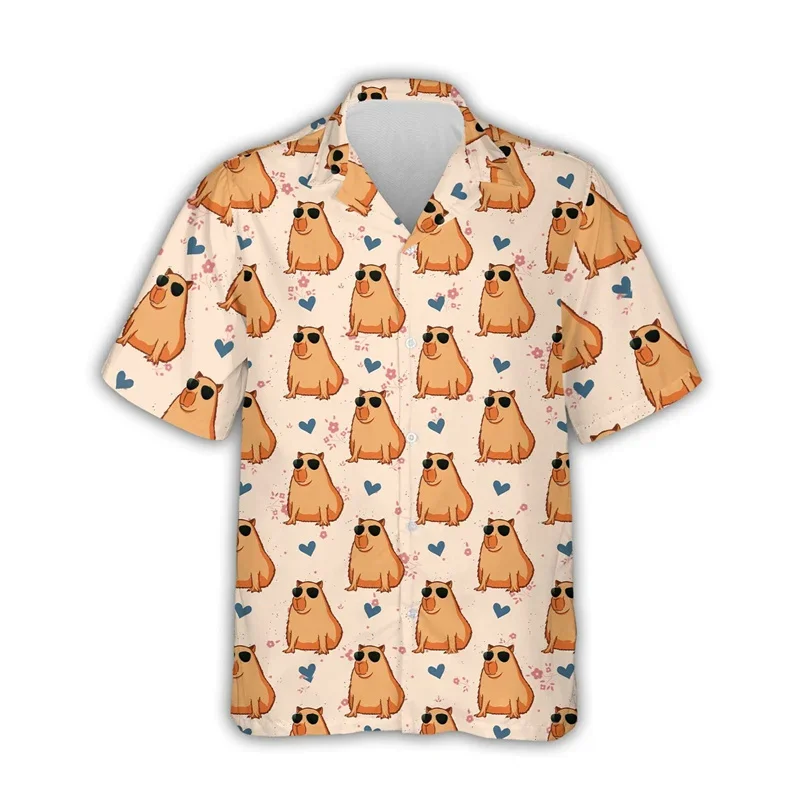 Kawaii Capybara Patroon Shirt Heren 3d Bedrukt Hawaii Aloha Strand Heren Shirt Met Korte Mouwen Cool Top Revers Shirt