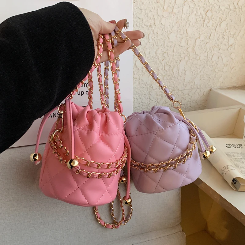 Chic Mini Bucket Bag for Women Summer 2024 New Solid Chain Crossbody Bags Exquisite Versatile Girls One Shoulder Card Pack Purse