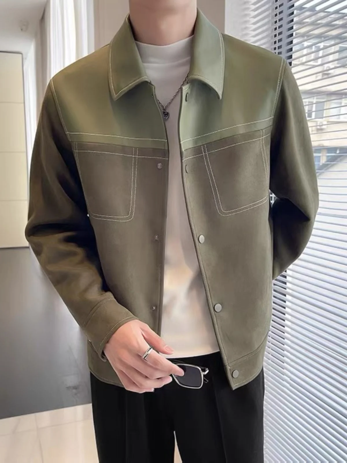 

Men's Suede Velvet Jaet Autumn Winter Casual Collar Leather Splicing High-End Feeling Coat Youth ular Loose Fit Long Sve