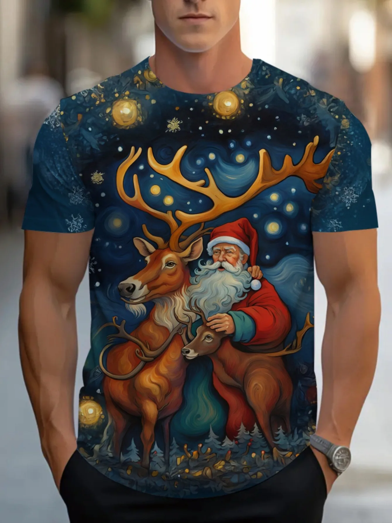 

3D Moose Print T-Shirt For Men Santa Claus Graphic New In Fashion Short Sleeve Tees Funny New Year X'mas Party Men Women Clothes