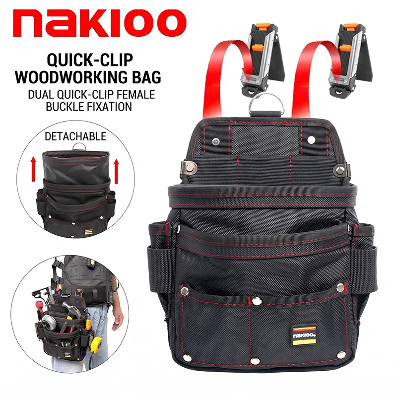 NAKIOO Quick‑Release Tool Pouch Carpenter Waist Bag Multi‑Pocket Detachable Tool Belt Bag Electrician Construction Organizer