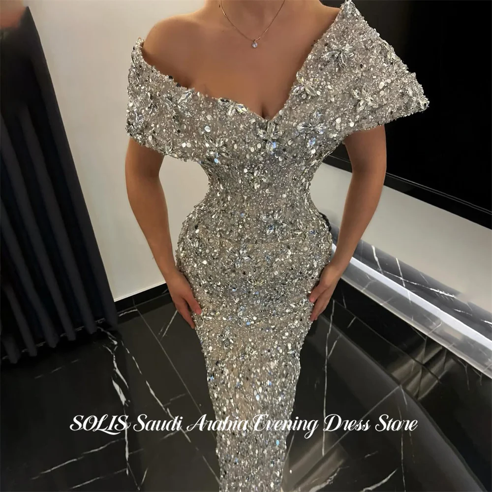 SOLIS Silver Party Dress Off the shoulder فساتين السهرة Trumpet Celebrity Dress Full Beaded Bodice for Woman Custom image 2