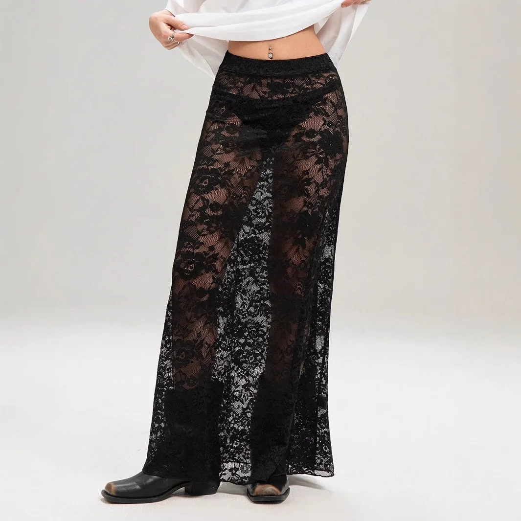 Versatile High Waist Lace  Skirt Sexy All-Match A-Line Midi Skirt for Women Summer Season Pure Color Other Material