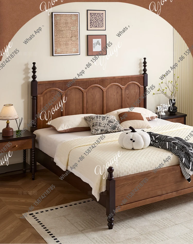 

J Solid Wood Bed French Retro Solid Wood Bed 1.8 Meters Double Bed Master Bedroom Backrest American Solid Woodall