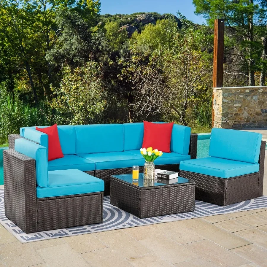 6 Piece Small Patio Furniture Sets Outdoor Sectional Sofa All Weather PE Wicker Patio Sofa Couch Garden Backyard Conversation S